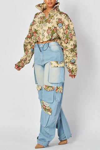 Floral Cropped Jacket with Drawstring Hem