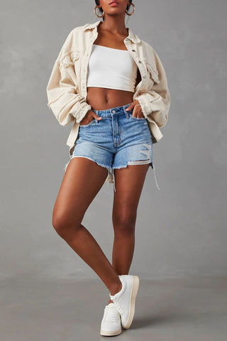 Button-Down Denim Jacket with Raw Edges
