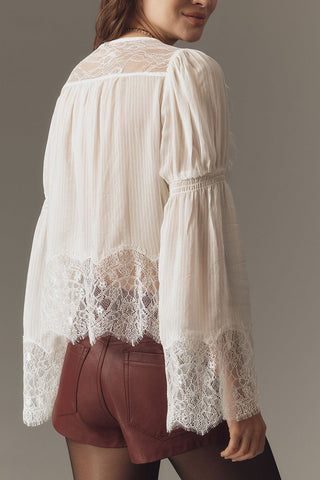 Lace-Trimmed Button-Front Blouse