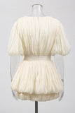 Pleated Puff-Sleeve Mini Evening Dress