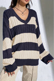 Striped V-Neck Cable Sweater