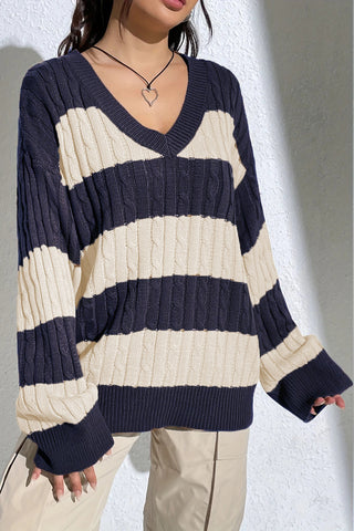 Striped V-Neck Cable Sweater