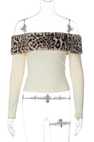 Off-Shoulder Faux Fur Trim T-Shirt