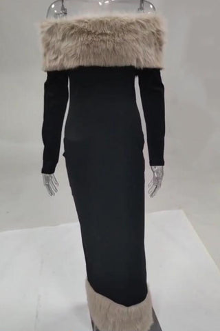 Off-Shoulder Fur Trim Evening Dress