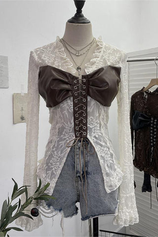 Lace and Faux Leather Corset Blouse
