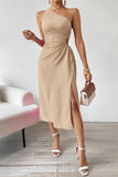 One-Shoulder Pleated Midi Dress