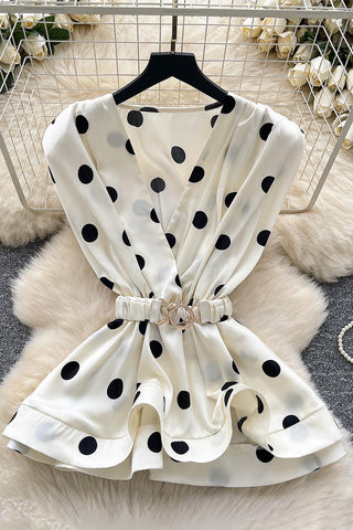 Polka Dot Wrap Blouse with Belted Waist