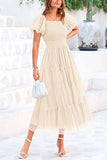 Puff-Sleeve Tiered Midi Dress