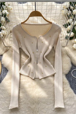 Zip-Front Long Sleeve Top with Studs