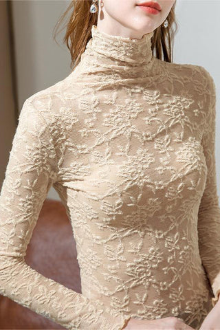 Elegant Floral Lace Turtleneck Blouse
