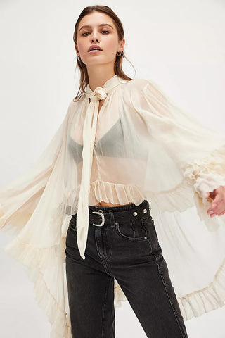 Tie-Neck Sheer Blouse with Ruffled Details