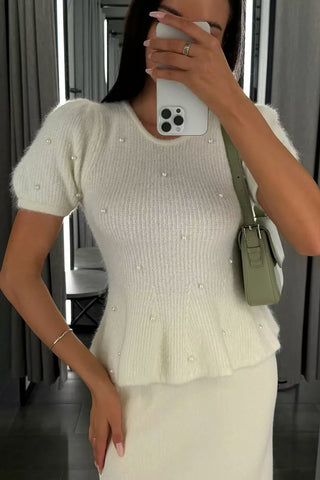 Short-Sleeve Peplum Sweater with Pearl Details
