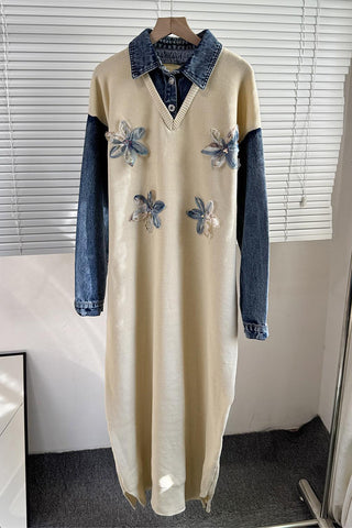 Floral Appliqué Denim Shirt Dress