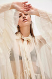 Tie-Neck Sheer Blouse with Ruffled Details
