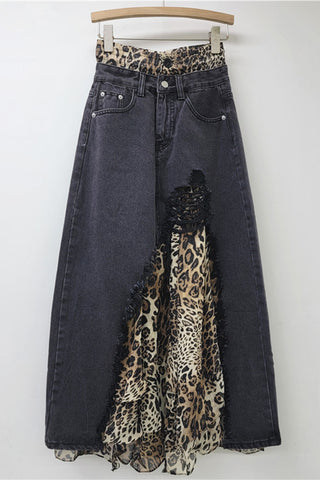 Distressed Denim and Patterned Maxi Skirt