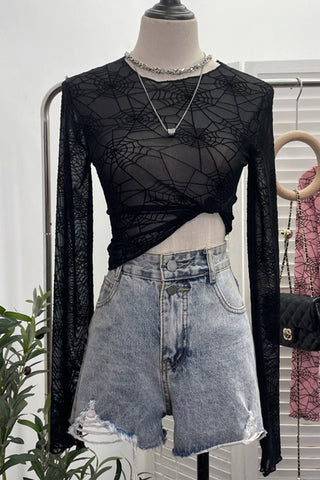 Web-Patterned Long Sleeve Crop Top