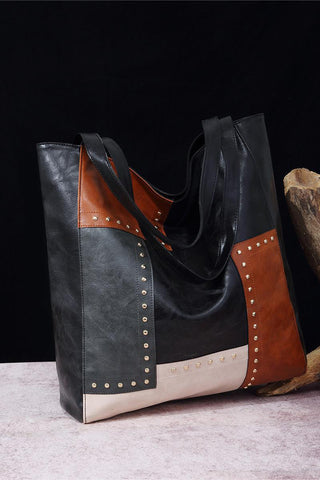 Studded Patchwork Tote Bag