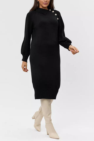 Tie-Waist Button Detail Sweater Dress