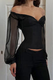 Sheer Sleeve Lace-Up Blouse