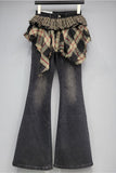 Flare Denim Jeans with Plaid Accent