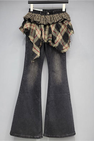 Flare Denim Jeans with Plaid Accent