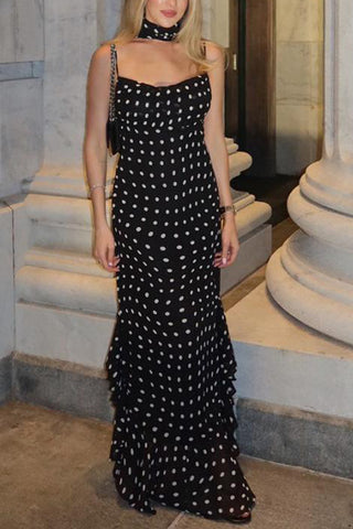 Polka Dot Casual Dress with Scarf