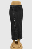 Button-Front Denim Midi Skirt