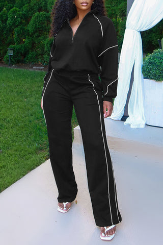 Contrast Piped Zipper Sweatshirt Set
