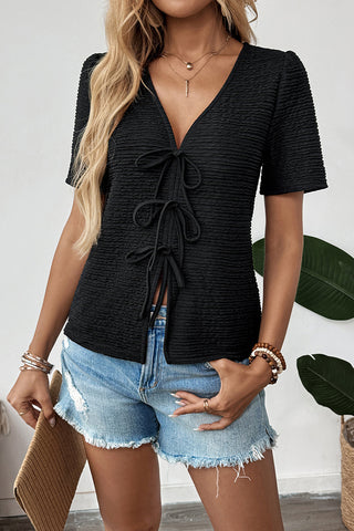 Lace-Up V-Neck Blouse