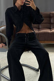 Lace-Up Pants Set with Collared Top