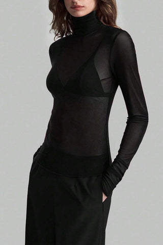Sheer Turtleneck Long Sleeve Blouse