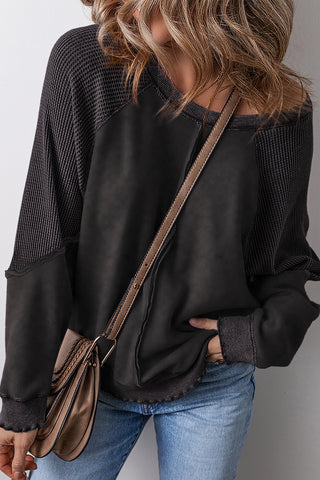 Waffle Knit Patchwork Raglan Sleeve Top