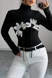 Floral Appliqué Long-Sleeve Turtleneck Top
