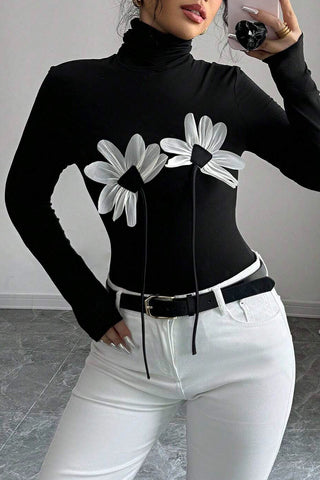Floral Appliqué Long-Sleeve Turtleneck Top