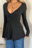 V-Neck Buttoned Long Sleeve Top