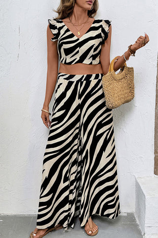 Zebra Print Skirt Set with Ruffled Crop Top