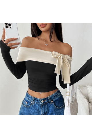 Off-Shoulder Bow Long-Sleeve Top