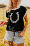 Horse Shoe Pattern Contrast Trim Sweater