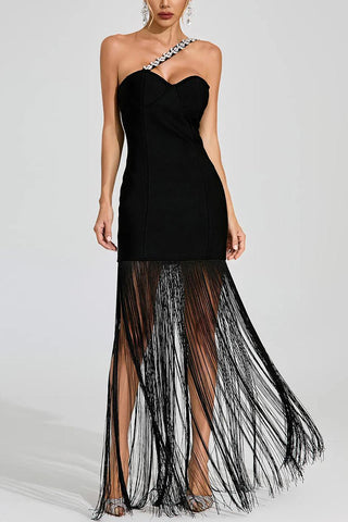 Fringe Detail One-Shoulder Evening Dress