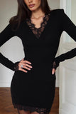 V-Neck Lace Trim Mini Dress