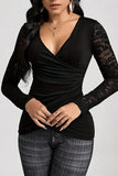 Lace Sleeve Plunge Neck T-Shirt