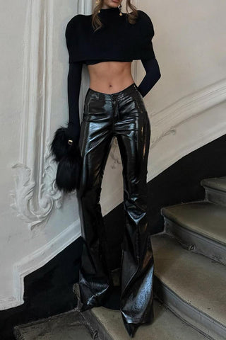 Faux Leather Flared Casual Pants