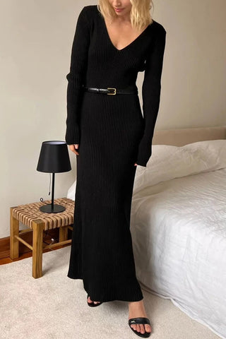 V-Neck Ribbed Knit Maxi Dress