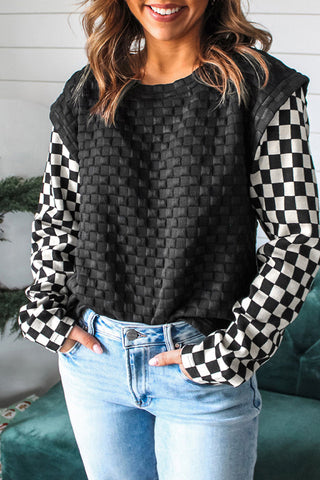 Checkerboard Sleeve Textured Sweatshirt
