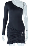 One-Shoulder Belted Ruffle Hem Dress