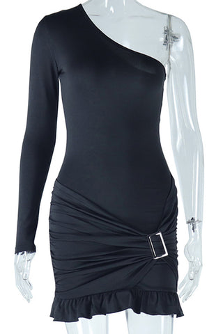 One-Shoulder Belted Ruffle Hem Dress