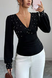Pearl-Embellished V-Neck Blouse