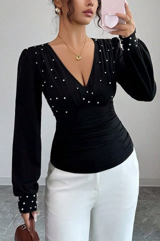 Pearl-Embellished V-Neck Blouse