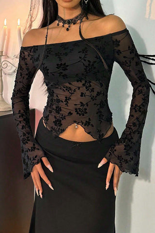 Off-Shoulder Floral Mesh Top