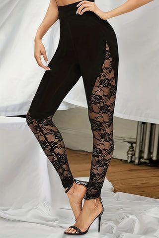 Lace Insert High-Waisted Casual Pants